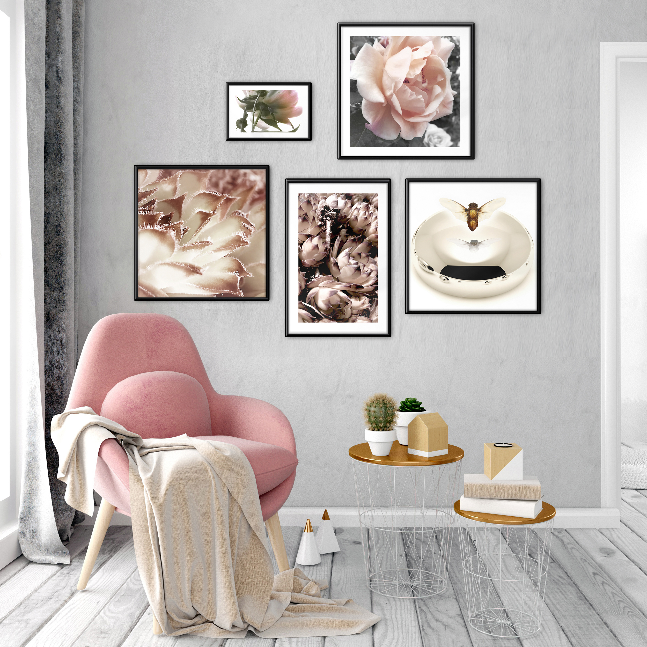 Blumen Rosa BIENE Druck POSTER 5er Set mit Rahmen DESIGN Wandgalerie